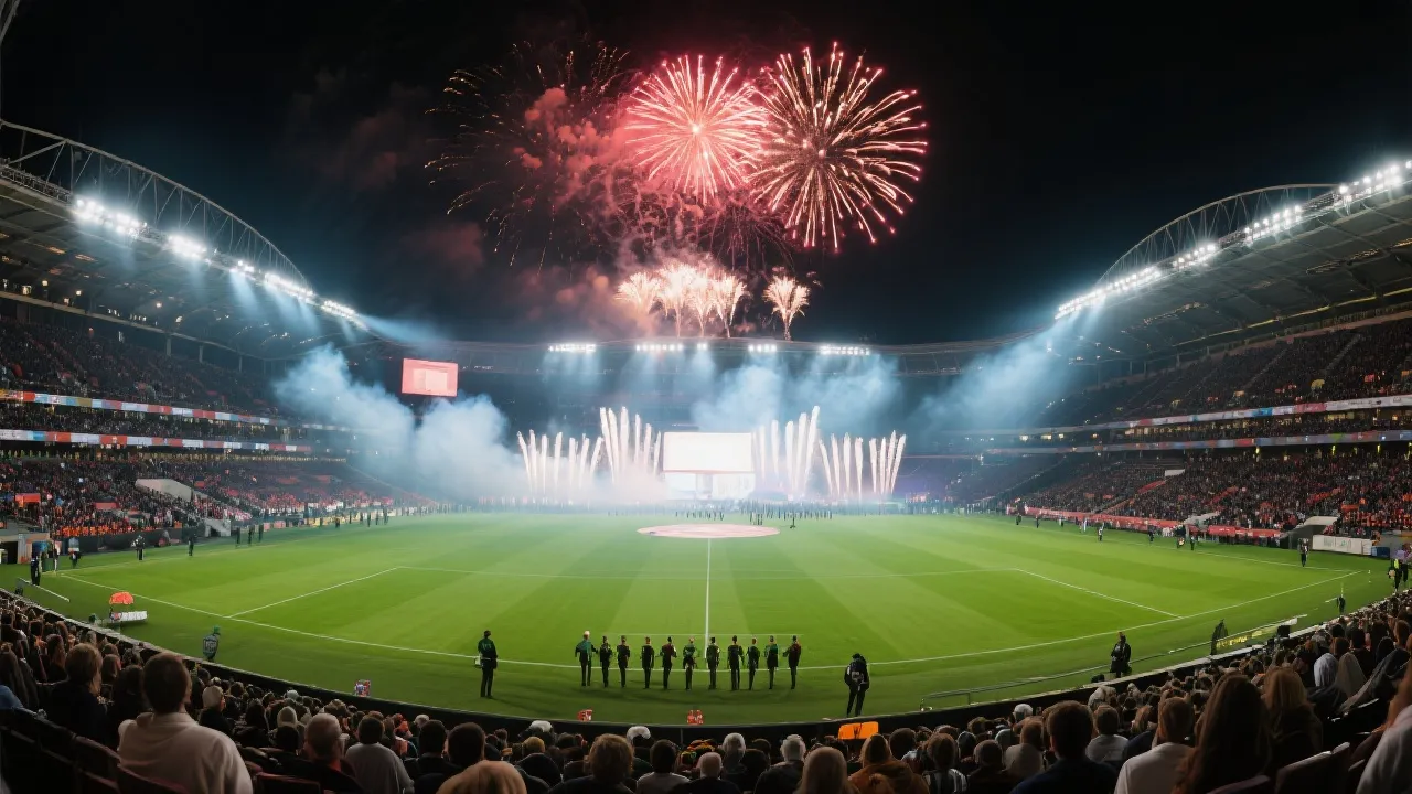世界杯开幕式体育场灯光与焰火