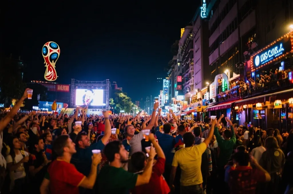 世界杯夜晚球迷聚集在城市广场与酒吧街庆祝
